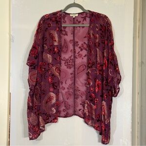 Umgee USA Velvet Burnout Burgundy Floral Paisley Sheer Kimono | Size M/L